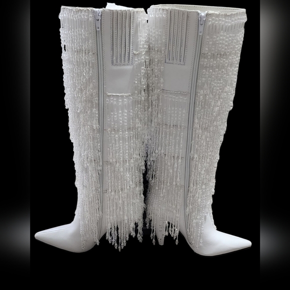 Jeffrey Campbell Fallin4U White Tall Beaded Fringe Heeled Boots Tall Size 7 - Picture 4 of 9